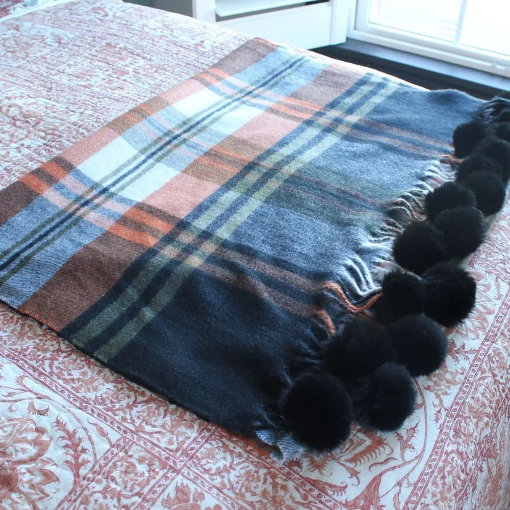 Super Soft G Brand Acrylic Pom Pom Plaid Scarf Blanket Blue Orange Green White
